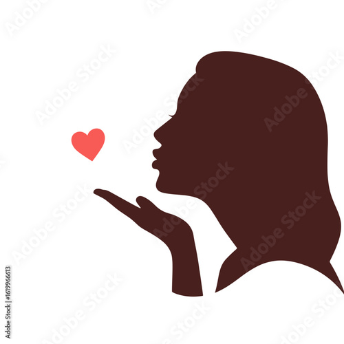 Woman blowing a kiss with love heart silhouette illustration  