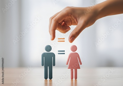 Hand Placing Equal Sign Above Gender Icons Equality Concept, Gender Equity, Symbolism.