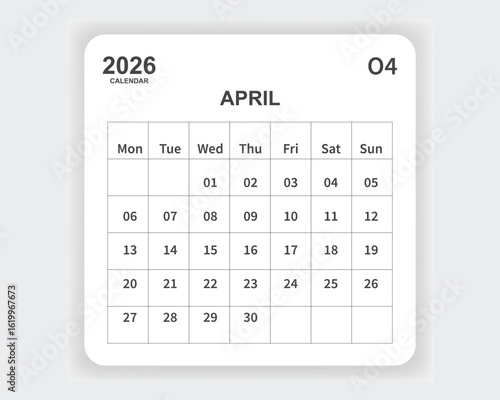 Calendar 2026 April one page corporate unique business design template