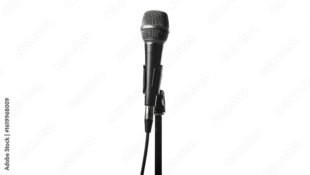 Obraz premium Professional black microphone on stand for singing and recording studio audio equipment isolated on white on transparent background