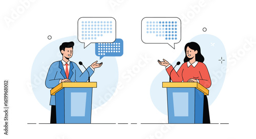 Political debate between two candidates at podiums discussing important issues with speech bubbles above them