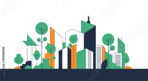 Illustrating a modern cityscape with urban greenery and contemporary architecture symbolizing sustainable city living