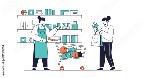 Customers choosing fresh produce from the supermarket shelves with a shopping cart full of fruits and vegetables