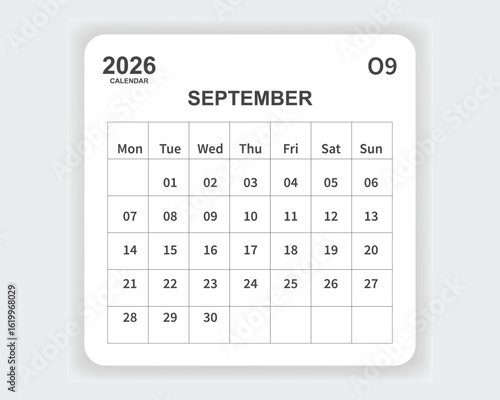 Calendar 2026 September one page corporate unique business design template