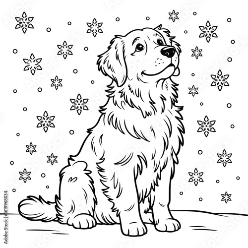 Golden retriever sitting in the snow coloring page style