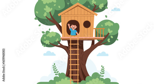 Child happily waving from a wooden treehouse nestled high in leafy green branches with a ladder reaching down