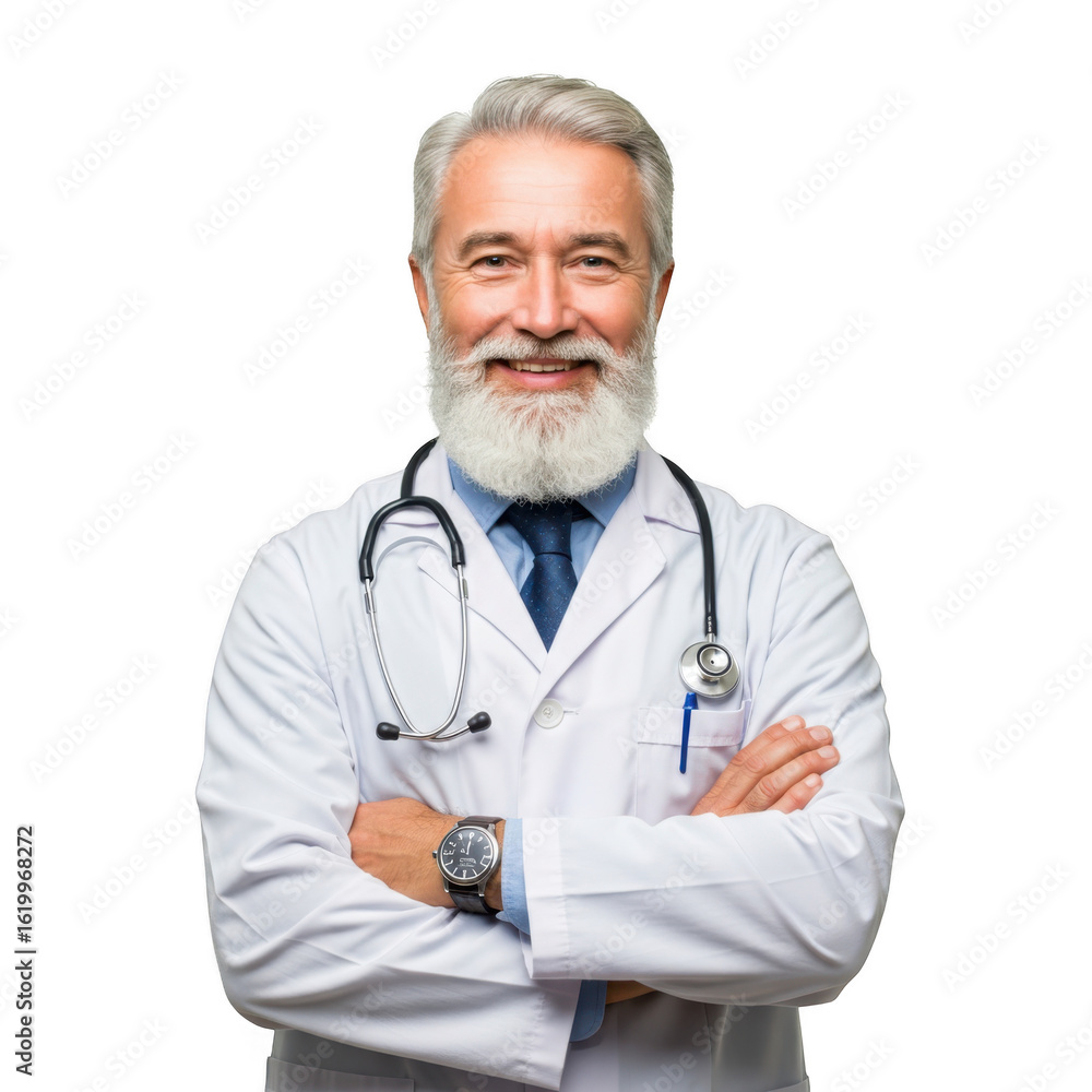 Smiling elderly male doctor wearing a white lab coat and stethoscope with arms crossed isolated on transparent background Smiling elderly male doctor wearing a white lab coat and stethoscope with arms crossed isolated on transparent background