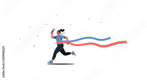 Athlete crosses the finish line with colorful streamers flying behind her celebrating victory and achievement