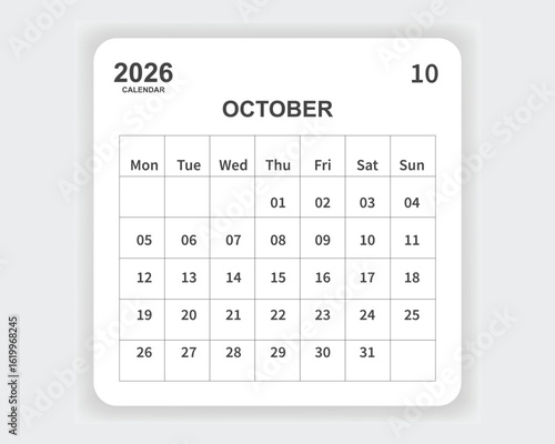 Calendar 2026 October one page corporate unique business design template