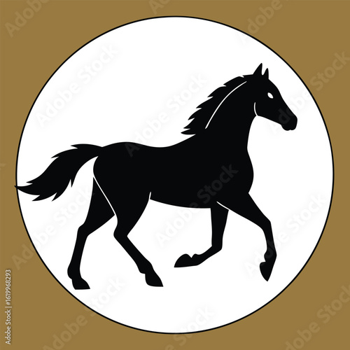 Elegant black horse silhouette galloping inside a white circle on a brown background