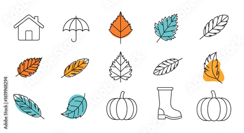 Charming collection of autumn season icons representing fall harvest weather and cozy home atmosphere