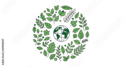 Circular arrangement of green leaves and plants surrounding a stylized earth globe symbolizing environmental care and nature's abundance
