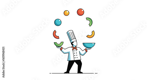 A skilled culinary artist expertly juggles a variety of colorful fresh fruits and vegetables in a vibrant performance art display