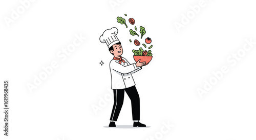Skilled chef expertly tosses fresh ingredients creating a delicious salad masterpiece in a whimsical culinary performance