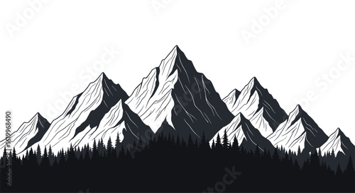Majestic mountain peaks reaching towards a bright sky above a dark evergreen forest landscape