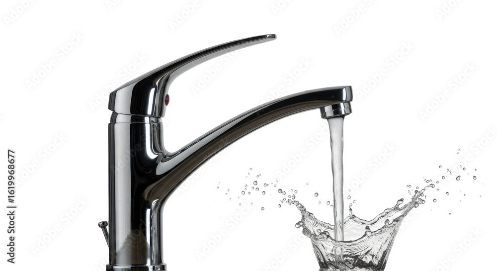 Obraz premium Water flowing from tap into splash isolated PNG with Transparent Background