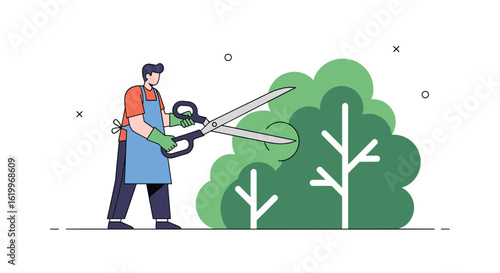 Skilled gardener carefully trimming lush green bushes and plants with large scissors during sunny day outdoor activity