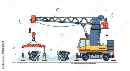 Heavy duty industrial crane moving engine blocks at a manufacturing facility construction site
