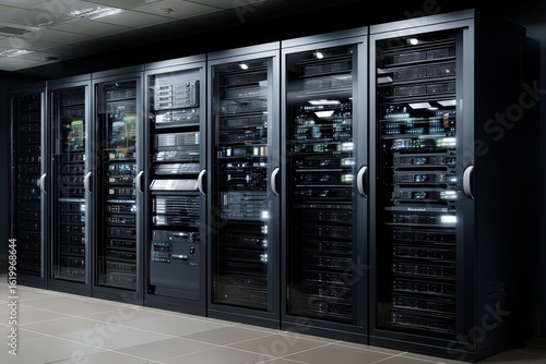 Rows of dark server cabinets in a modern server room.  Glass doors reveal numerous electronic components within.  Interior lit with subtle lights.  Dark, professional environment