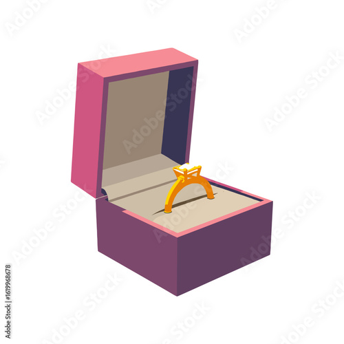 Engagement ring box reveal with golden ring inside on white background  