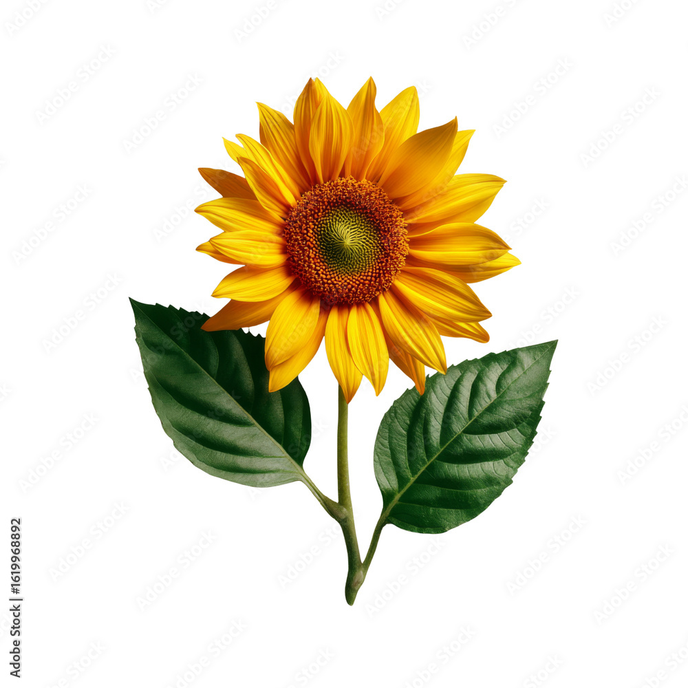 Obraz premium Bright sunflower with vibrant yellow petals and green leaves, symbolizing joy and warmth. Perfect for nature themed designs or floral arrangements