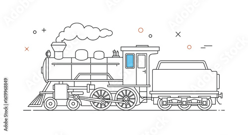 An iconic steam powered locomotive depicted in a simple yet elegant line art illustration showcasing its powerful mechanical design and timeless appeal for transport enthusiasts
