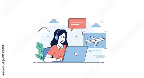 Customer service representative assisting with travel arrangements using a laptop computer illustration