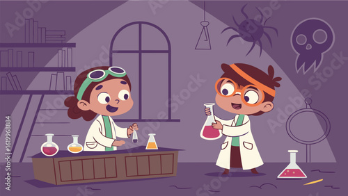Curious young scientists in a dimly lit laboratory experiment with colorful liquids in beakers surrounded by shelves of books and spooky decorations