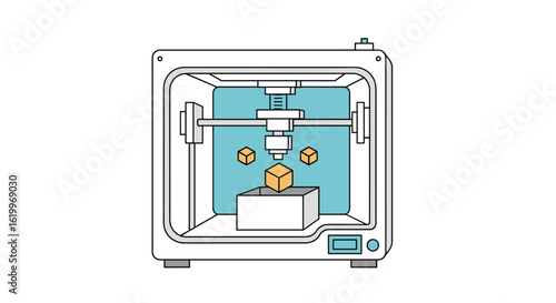 Modern 3d printer creating a small cube object layer by layer with precision engineering and advanced technology