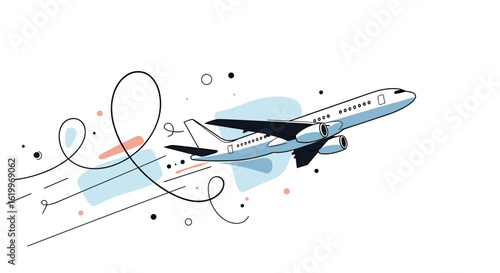 An airplane soars through the sky leaving a trail of abstract patterns and colorful lines behind