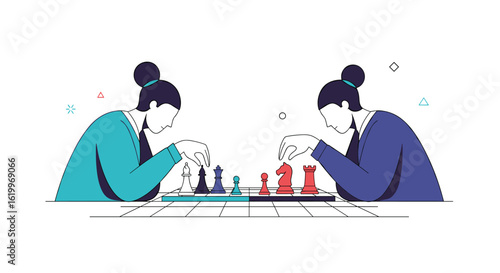 Two focused women engage in a strategic game of chess on a table with detailed pieces and board during a quiet afternoon competition