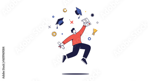 A jubilant graduate celebrates academic achievement tossing graduation caps and books into the air with joy and excitement