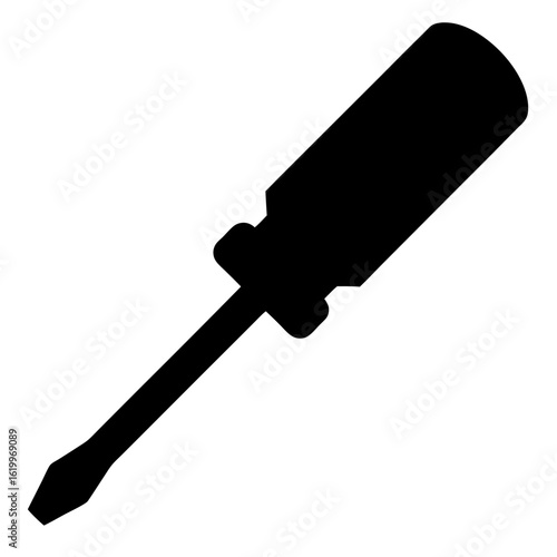 A simple black silhouette of a flathead screwdriver tool, commonly used in repairs