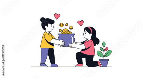 Generous people sharing wealth and prosperity with others showing care and compassion for community growth and development
