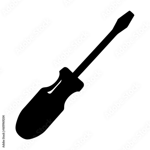 A simple black silhouette image of a flathead screwdriver tool