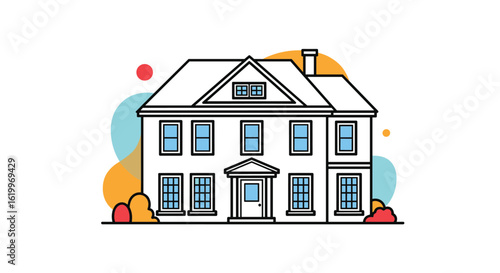 An illustration of a spacious white neoclassical mansion featuring a grand entrance and symmetrical windows with surrounding colorful abstract shapes