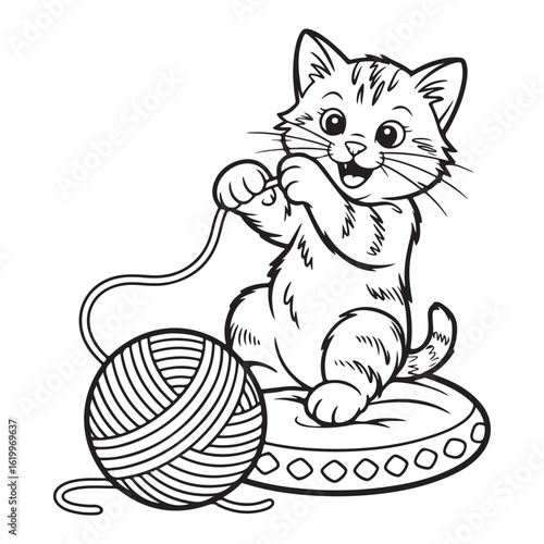 Cartoon kitten playing with yarn on a cushion illustration coloring page 