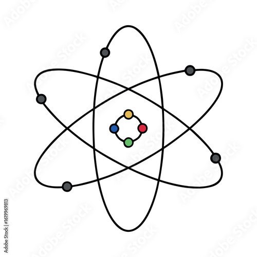 Atom Model Nucleus with Orbiting Electrons Vector Illustration for Science and Education