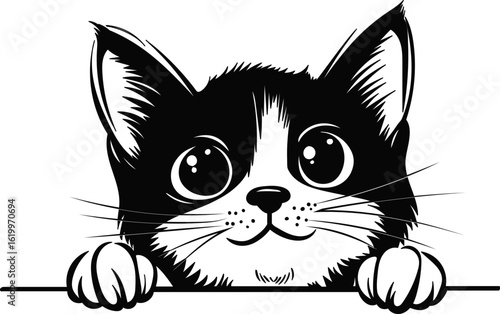 portrait of cute kitten with paws, peeking out, silhouette, vector
