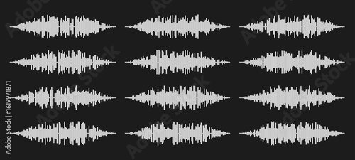 Audio wave tune print, voice message, podcast audio recording. Vector audio player soundwave visualization or voice message sound wave. Podcast audio streaming. Music, sound concept.