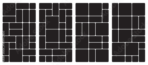 Bento grid vector vertical layouts. Geometric tiles pattern for photo collage, website layout, etc. Trendy tiling frames arrangements and presentation templates for social media.