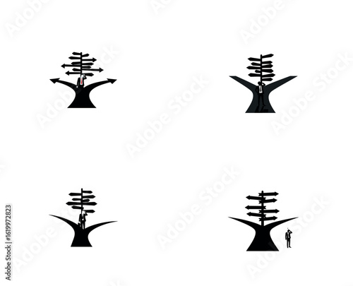Confused Businessman at Crossroads Silhouette – Decision-Making Vector Illustration

