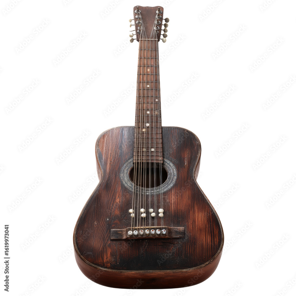 Obraz premium acoustic guitar with rustic finish, showcasing its unique wood grain and vintage charm. instrument features classic design, perfect for music lovers and collectors
