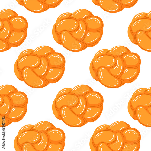 Seamless pattern with braided challah bread bun on white background in cartoon. Perfect for bakery packaging, food design menus and kitchen textile.