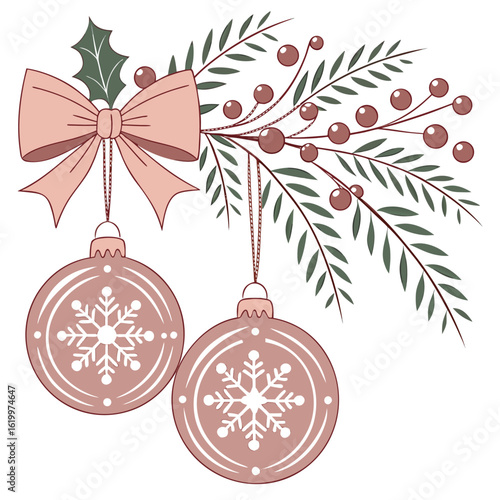 Two delicate ornaments dangle beneath a pink bow with festive foliage on transparent background