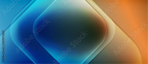 Abstract gradients blend blues, oranges, creating dynamic visual effect. Smooth curves define central shape, suggesting depth. Modern design.