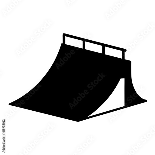Black and white silhouette of a halfpipe skate ramp with safety bar
