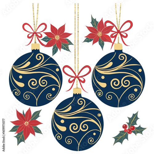 Three elegant blue ornaments hang with red ribbons, poinsettias, and gold beaded chains