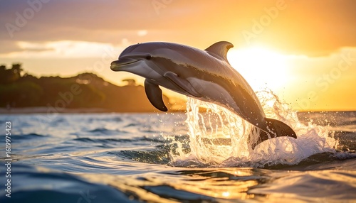 Fototapeta Naklejka Na Ścianę i Meble -  Dolphin leaping in golden sunset