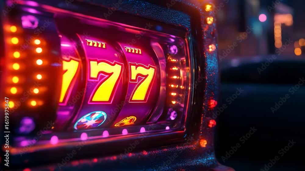 Slot machine with spinning reels displaying sevens illuminated by neon lights Slot machine with spinning reels displaying sevens illuminated by neon lights